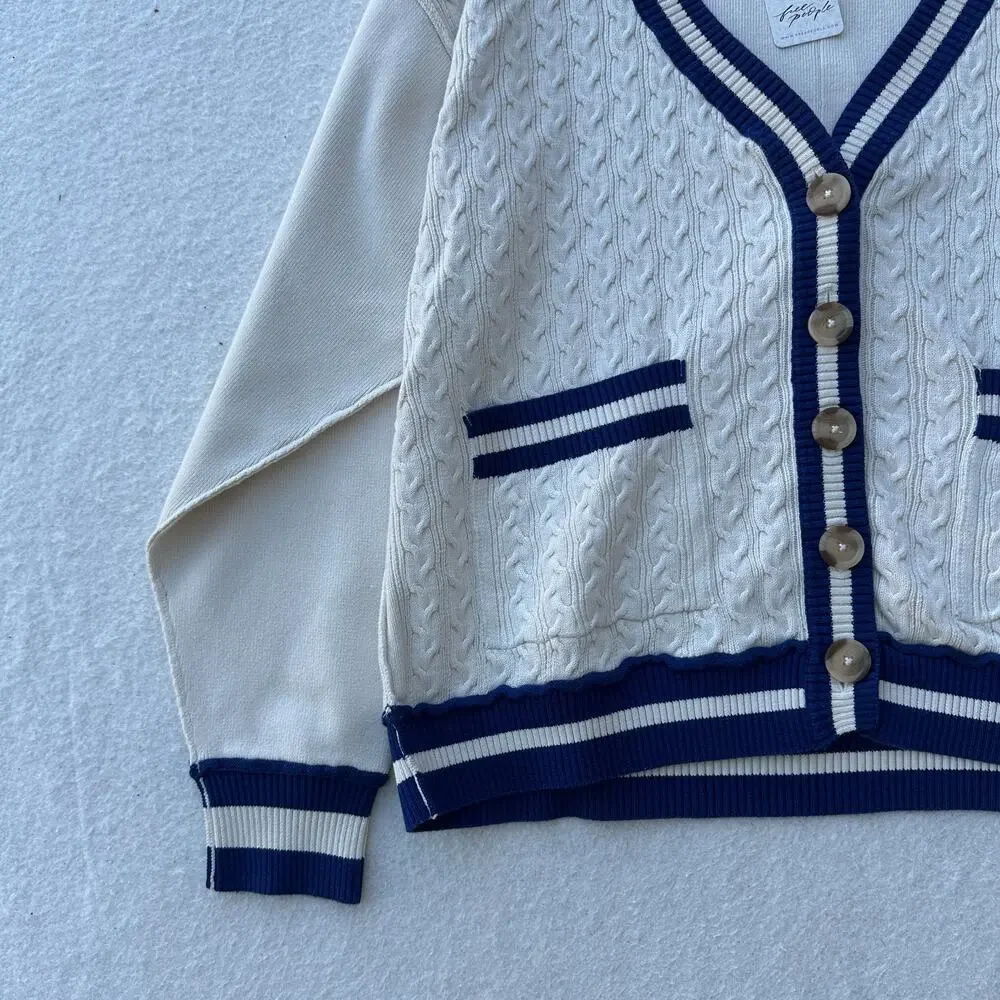 Free People We The Free Varsity Cardigan Women's XS Ecru Blue Slouchy Cable Knit - Picture 3 of 9